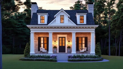 Charming,  small  home  exterior  at  twilight.