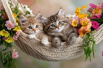 Playful kittens in a flower basket indoor photography colorful close-up adorable companionship