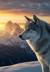 Fototapeta premium Golden Hour Wolf: Majestic Mountain Majesty