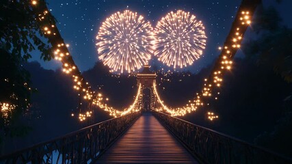 A beautifully lit bridge under a fireworks display at night. - Powered by Adobe
