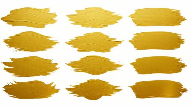 A collection of textured golden brush strokes on a white background.