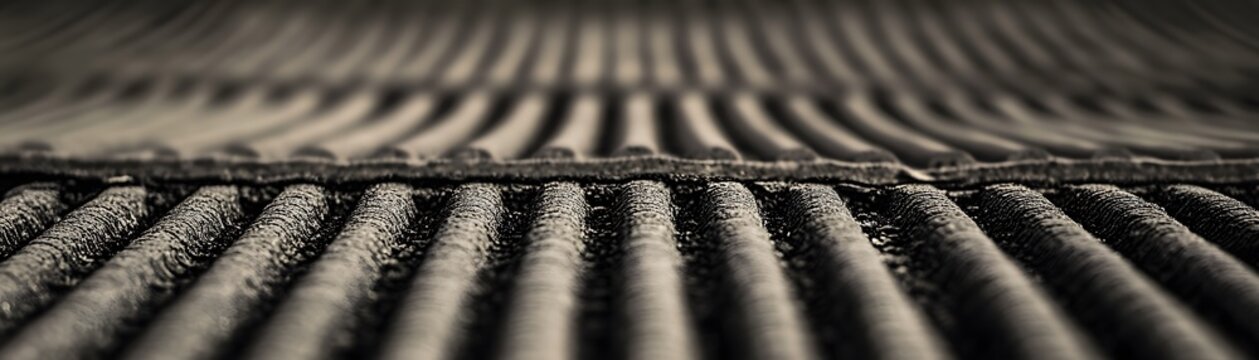 Close-up view of parallel grooves in a dark surface.