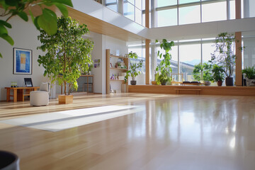 Fototapeta premium Serene living room featuring a central plant in a cozy setting with a group yoga class focusing on back health