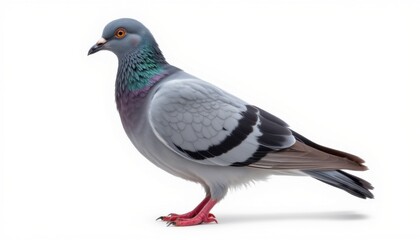 Pigeon observation in urban environment detailed side view of a gray bird on white background