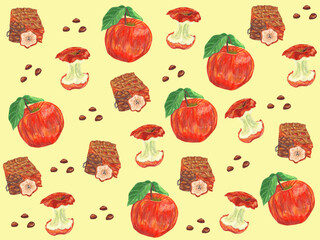 seamless pattern with apple fruit. hand drawn outline on holiday season vibes background. high resolution for design with a whimsical and enchanting yellow theme