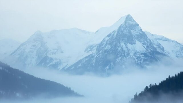 snowed mountains in alaska with fog