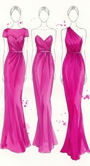 Elegant gown designs with varying necklines, showcasing sophistication and style in a vibrant magenta watercolor illustration on white background.