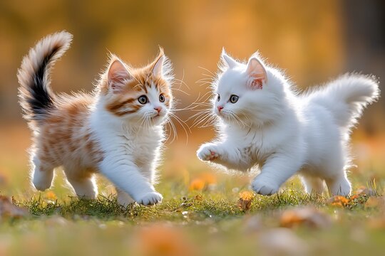 Playful kittens running in a colorful meadow cute animal photography outdoor close-up joyful moments