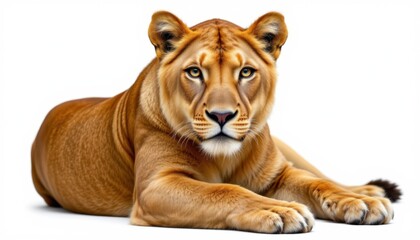 Obraz premium Majestic lioness resting on white background animal photography wildlife studio environment close-up perspective