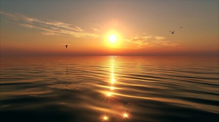 Obraz premium Peaceful Ocean Sunset with Calm Waves and Golden Sky 