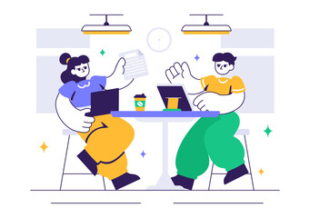 Vector illustration of a Coworking Business Featuring Colleagues Talking, Meeting, and Working Together in an Office Company Environment Background
