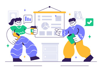 Vector illustration of a Coworking Business Featuring Colleagues Talking, Meeting, and Working Together in an Office Company Environment Background