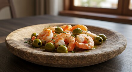 A beautifully arranged plate of shrimp and green olives, perfect for sharing or a starter.