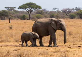 Fototapeta premium African elephants crossing golden savanna