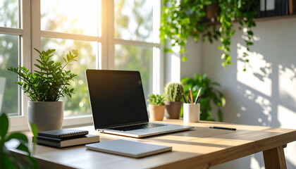 Fototapeta premium Laptop on a desk near a window with plants in a bright room.