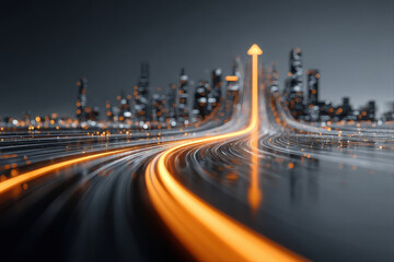 City Skyline and Technology. Abstract view of illuminated city with dynamic light trails leading forward.