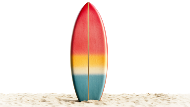 Tropical surfboard upright on beach sand, isolated on transparent background. - Powered by Adobe