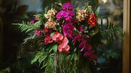 Elegant orchid arrangement with ferns, creating a serene ambiance