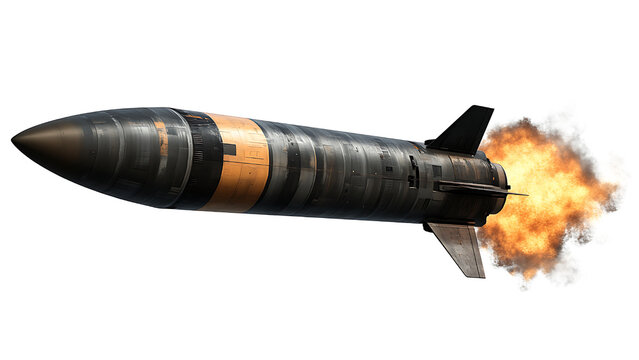 A guided missile rocket that can carry a nuclear warhead is isolated on a transparent background.