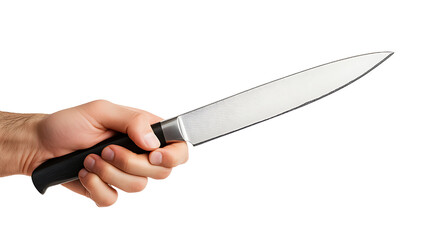 Male hand holding kitchen knife isolated on transparent background.