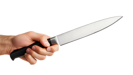 Male hand holding kitchen knife isolated on transparent background.