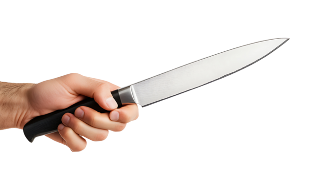 Male hand holding kitchen knife isolated on transparent background.