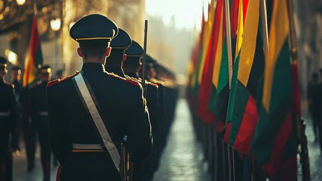 Military ceremony with soldiers and vibrant flags under sunlight.