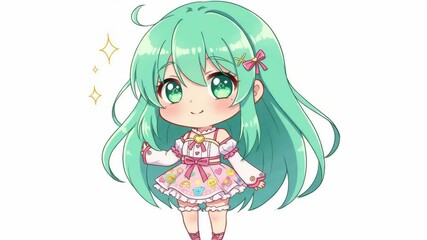 A cute, vibrant anime character with green hair and a playful expression. - Powered by Adobe