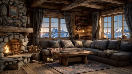 Cozy Mountain Cabin Interior with Stunning View