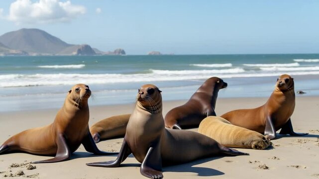 Coastal scene near Mar del Plata features sea lions basking representing South America's natural splendor. Sea lions rest on beach near Mar del Plata illustrating South America's rich biodiversity.