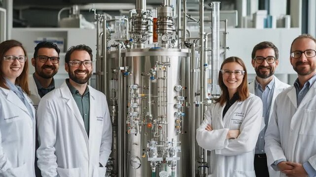 Group of scientists in lab coats smiling near advanced chemical processing equipment in a modern lab - Powered by Adobe