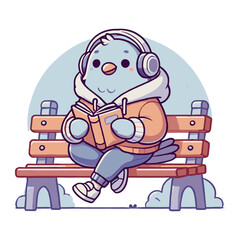 Cute Bird Relaxing With Book And Wearing Headphones On Park Bench Illustration