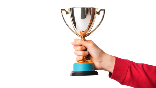 Woman's hand holding a golden cup on a transparent background.