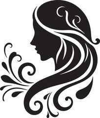 Elegant Silhouette of a Woman with Flowing Hair and Floral Elements

A minimalist black silhouette of a graceful woman in side profile, featuring long flowing wavy hair intertwined with delicate flora