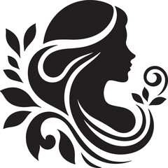 Elegant Silhouette of a Woman with Flowing Hair and Floral Elements

A minimalist black silhouette of a graceful woman in side profile, featuring long flowing wavy hair intertwined with delicate flora