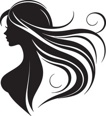 Elegant Silhouette of a Woman with Flowing Hair and Floral Elements

A minimalist black silhouette of a graceful woman in side profile, featuring long flowing wavy hair intertwined with delicate flora