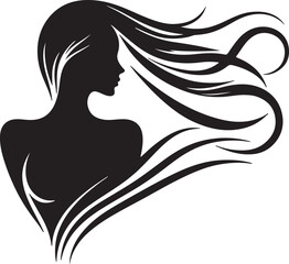 Elegant Silhouette of a Woman with Flowing Hair and Floral Elements

A minimalist black silhouette of a graceful woman in side profile, featuring long flowing wavy hair intertwined with delicate flora