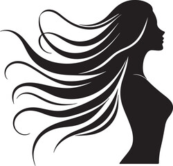 Elegant Silhouette of a Woman with Flowing Hair and Floral Elements

A minimalist black silhouette of a graceful woman in side profile, featuring long flowing wavy hair intertwined with delicate flora