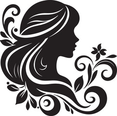 Elegant Silhouette of a Woman with Flowing Hair and Floral Elements

A minimalist black silhouette of a graceful woman in side profile, featuring long flowing wavy hair intertwined with delicate flora