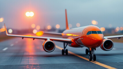Naklejka premium Orange Jet on the Runway: An eye-level shot captures a stunning, orange jet, poised for take-off on a wet runway bathed in the soft glow of twilight, promising adventure and the thrill of flight.