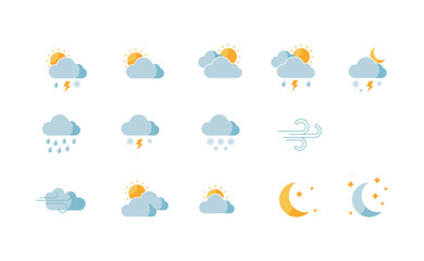 Weather icons. Collection of weather forecast icons in modern style. Cloud logos. Weather, clouds, sunny day, moon, snowflakes, wind, sunny day. Vector illustration.