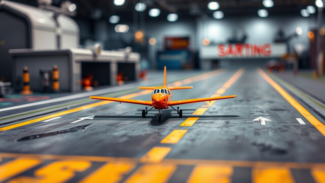 Airport runway: A single-engine airplane sits ready for takeoff on an airport runway, with a blurred background.