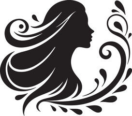 Elegant Silhouette of a Woman with Flowing Hair and Floral Elements

A minimalist black silhouette of a graceful woman in side profile, featuring long flowing wavy hair intertwined with delicate flora