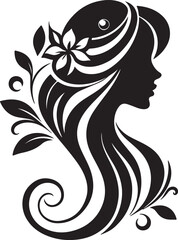 Elegant Silhouette of a Woman with Flowing Hair and Floral Elements

A minimalist black silhouette of a graceful woman in side profile, featuring long flowing wavy hair intertwined with delicate flora