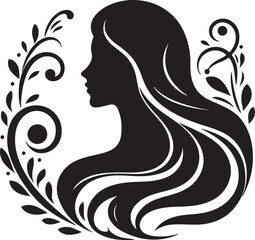 Elegant Silhouette of a Woman with Flowing Hair and Floral Elements

A minimalist black silhouette of a graceful woman in side profile, featuring long flowing wavy hair intertwined with delicate flora