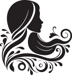 Elegant Silhouette of a Woman with Flowing Hair and Floral Elements

A minimalist black silhouette of a graceful woman in side profile, featuring long flowing wavy hair intertwined with delicate flora