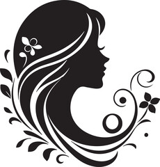 Elegant Silhouette of a Woman with Flowing Hair and Floral Elements

A minimalist black silhouette of a graceful woman in side profile, featuring long flowing wavy hair intertwined with delicate flora