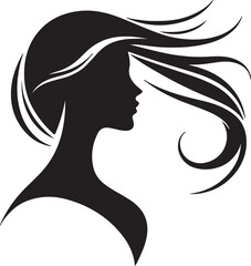 Elegant Silhouette of a Woman with Flowing Hair and Floral Elements

A minimalist black silhouette of a graceful woman in side profile, featuring long flowing wavy hair intertwined with delicate flora
