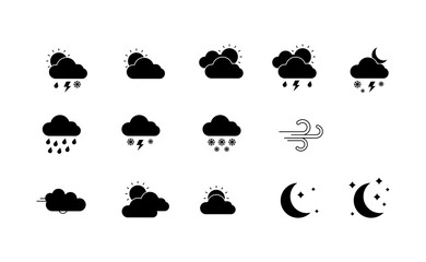 Weather icons. Collection of weather forecast icons in modern style. Cloud logos. Weather, clouds, sunny day, moon, snowflakes, wind, sunny day. Vector illustration.