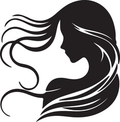 Elegant Silhouette of a Woman with Flowing Hair and Floral Elements

A minimalist black silhouette of a graceful woman in side profile, featuring long flowing wavy hair intertwined with delicate flora